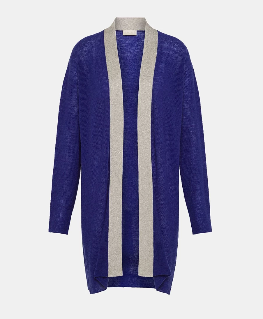 Momoni Women's Blue Ribbed Cardigan with Lurex Details - Flossy Knit Sweater