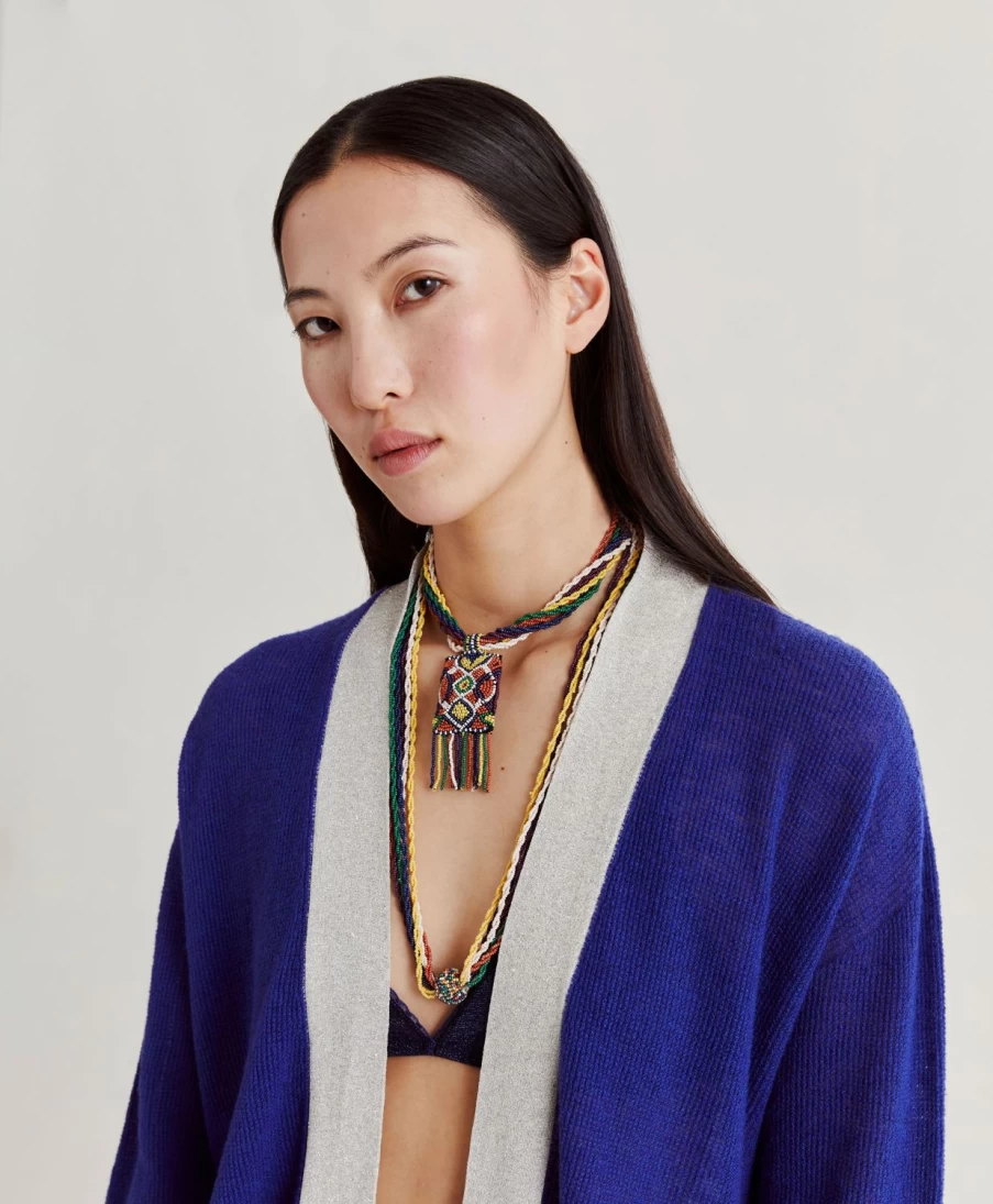 Momoni Women's Blue Ribbed Cardigan with Lurex Details - Flossy Knit Sweater