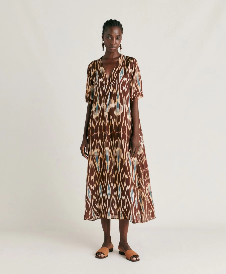 Momoni Women's Altamura Dress - Viscose Linen Blend Cocoa Multicolour Summer Maxi Dress