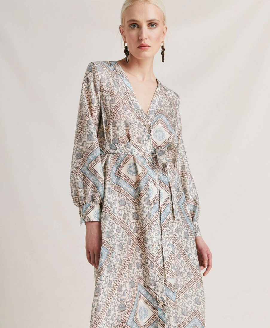 Momoni Women's Balena Blouse - Green Lilac Printed Stretch Silk Satin Top