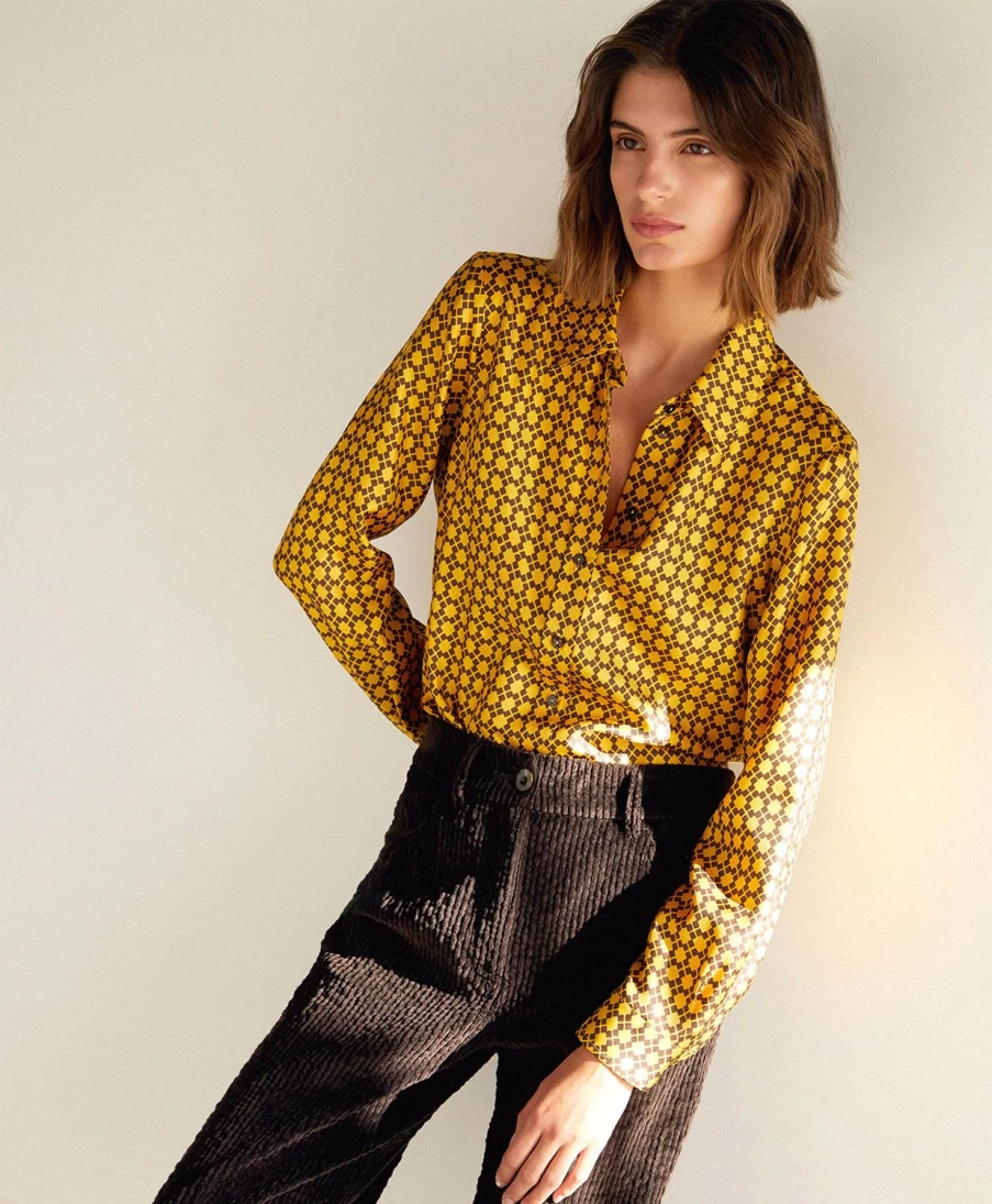 Momoni Women's Arles Printed Silk Twill Shirt - Yellow & Blackberry Floral Pattern