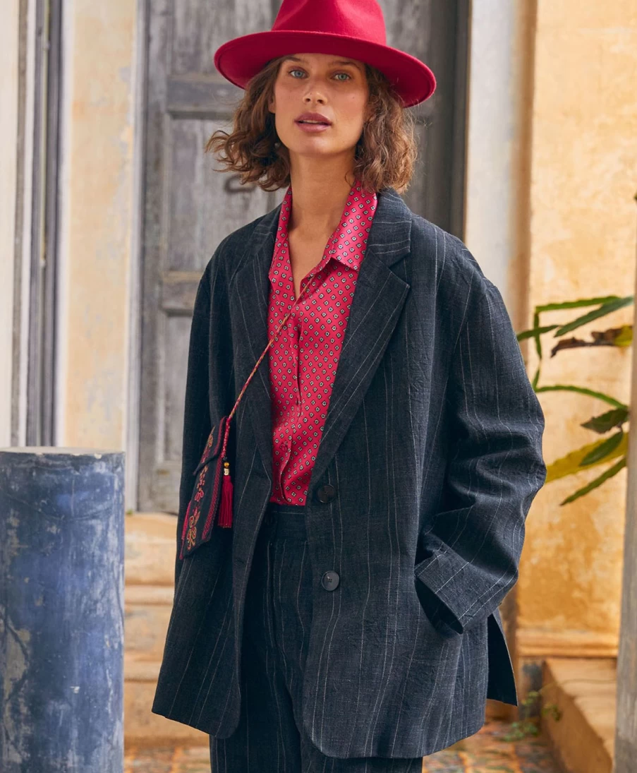 Momoni Women's Edith Pinstripe Wool Cotton Jacket - Charcoal Gray, Classic Tailored Blazer for Office Wear