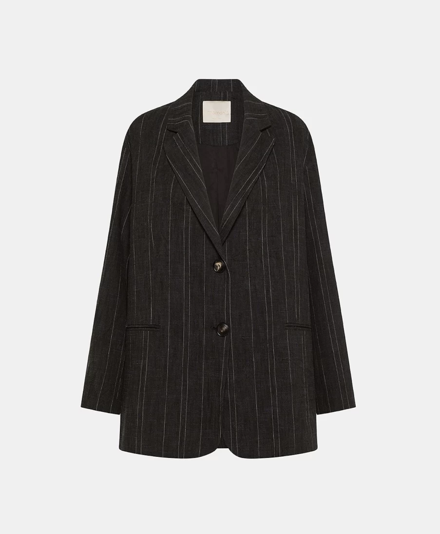Momoni Women's Edith Pinstripe Wool Cotton Jacket - Charcoal Gray, Classic Tailored Blazer for Office Wear
