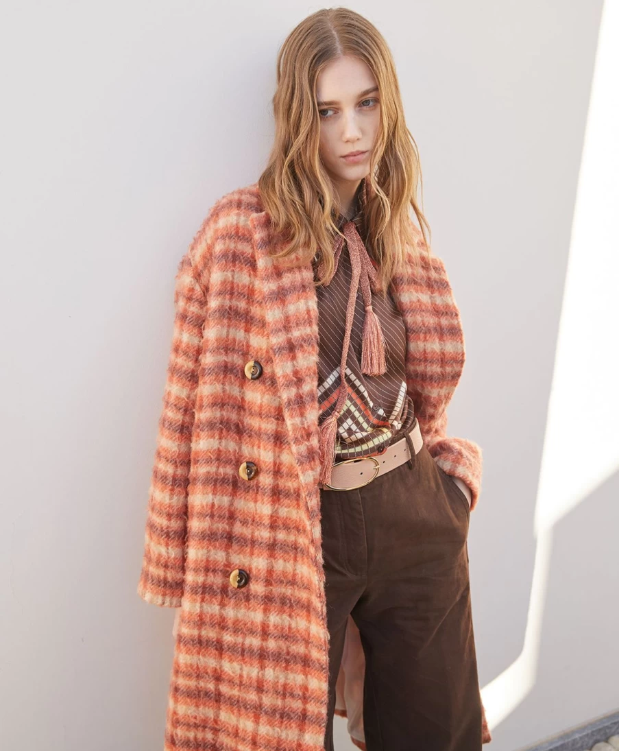 Momoni Women's Neve Checked Casentino Wool Coat in Orange