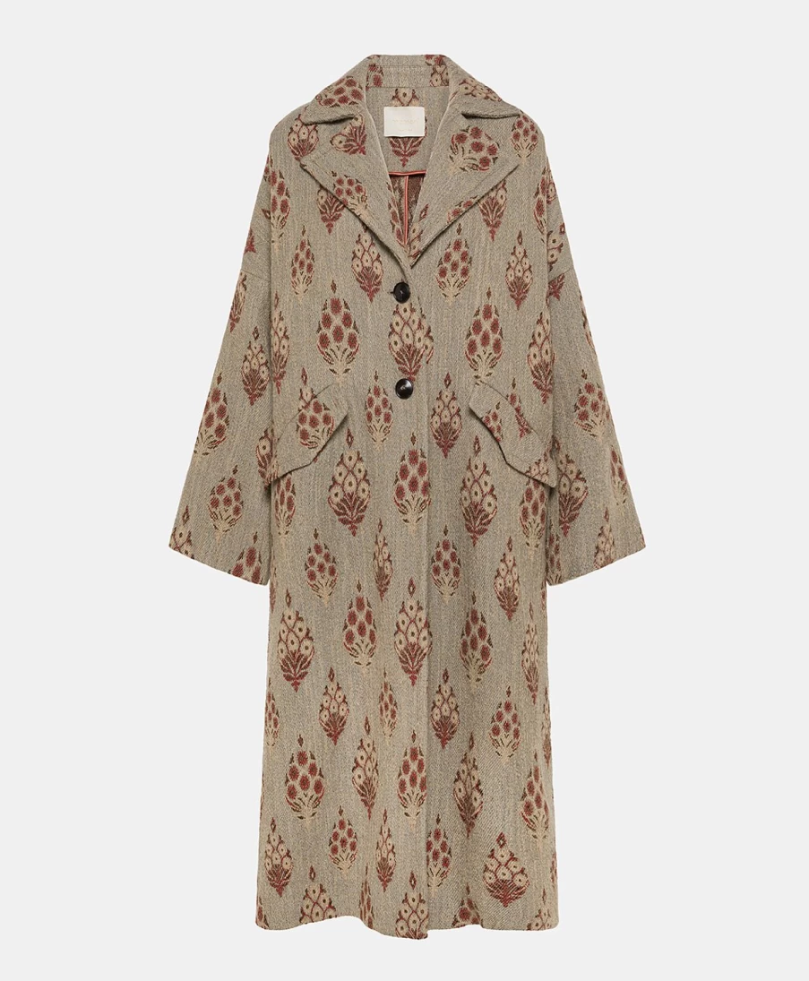 Momoni Women's Edgard Coat - Ethnic Jacquard Wool, Multicolor Dusty, Elegant Outerwear