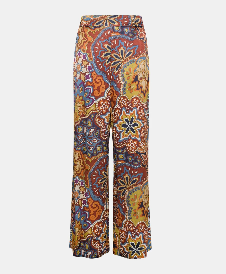 Momoni Women's Baccarat Pant - Printed Stretch Satin in Brown & Orange