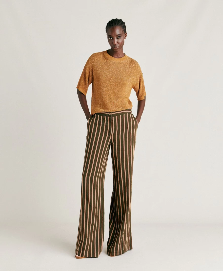 Momoni Women's Striped Linen Viscose Pant in Army Green Multicolour - Candeo Style