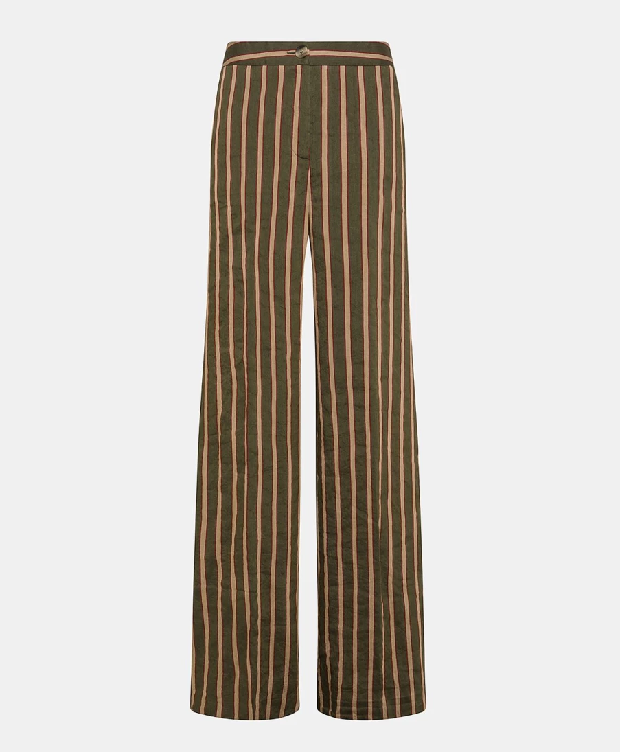 Momoni Women's Striped Linen Viscose Pant in Army Green Multicolour - Candeo Style