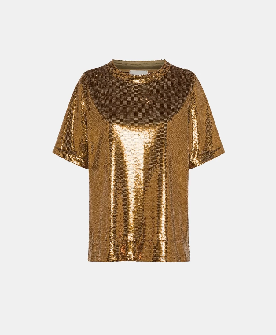 Momoni Women's Bronze Sequin Iora T-Shirt - Elegant Glitter Top for Casual Wear