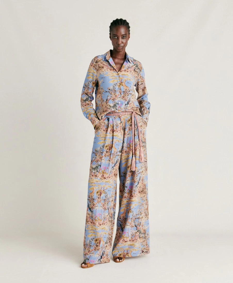 Momoni Women's Cerulean Blue & Multicolour Crepe De Chine Patrice Pant