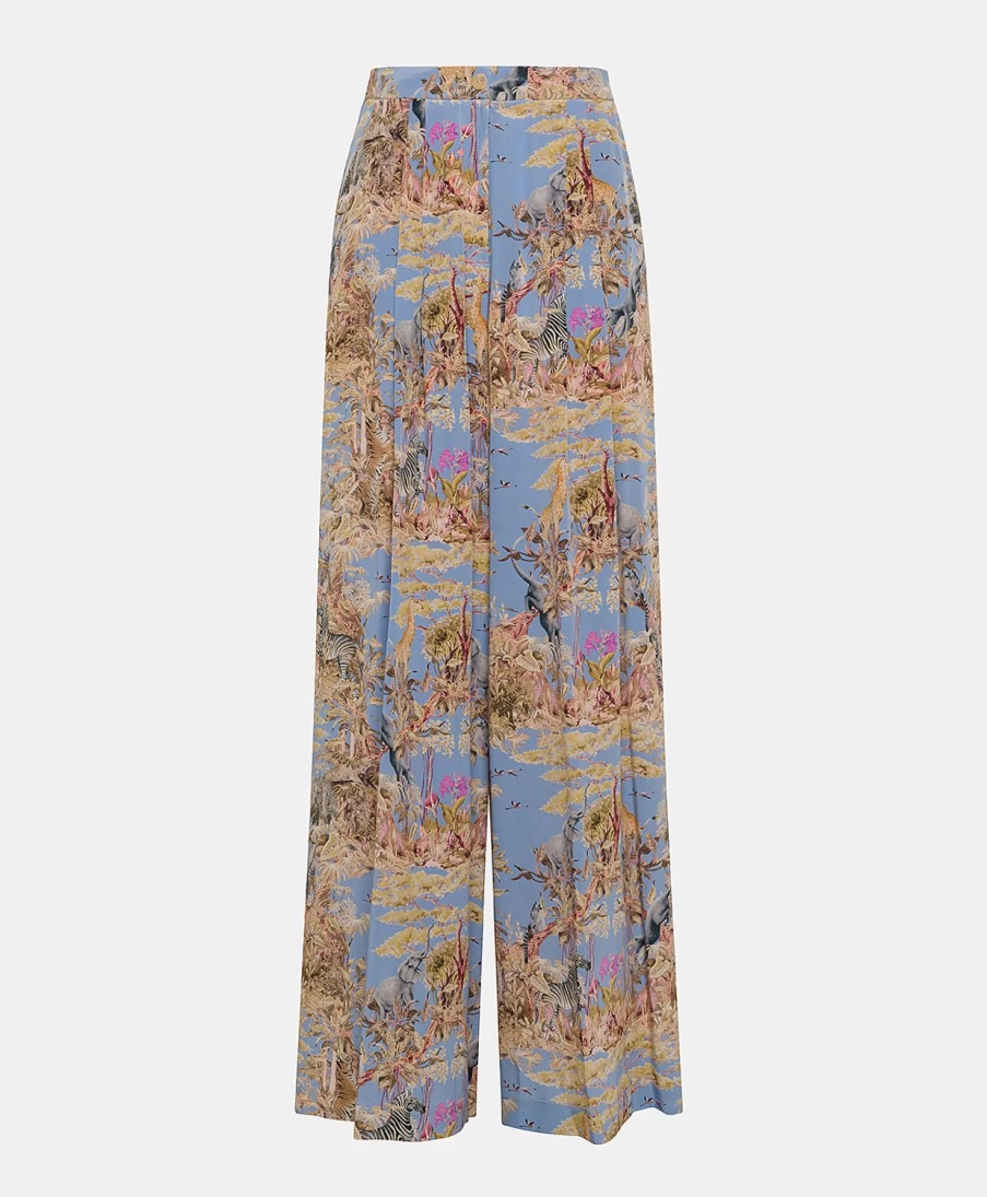 Momoni Women's Cerulean Blue & Multicolour Crepe De Chine Patrice Pant