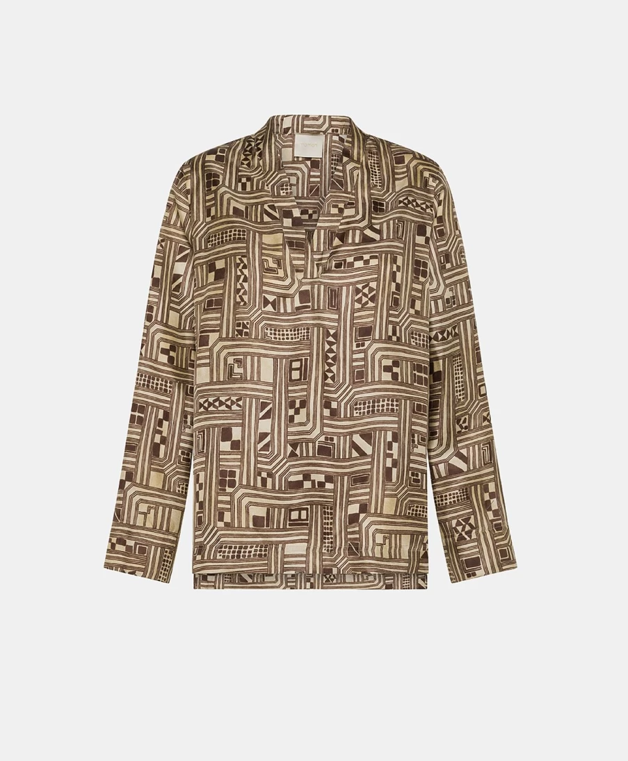 Momoni Women's Ambroise Silk Twill Blouse - Elegant Beige & Tobacco Top