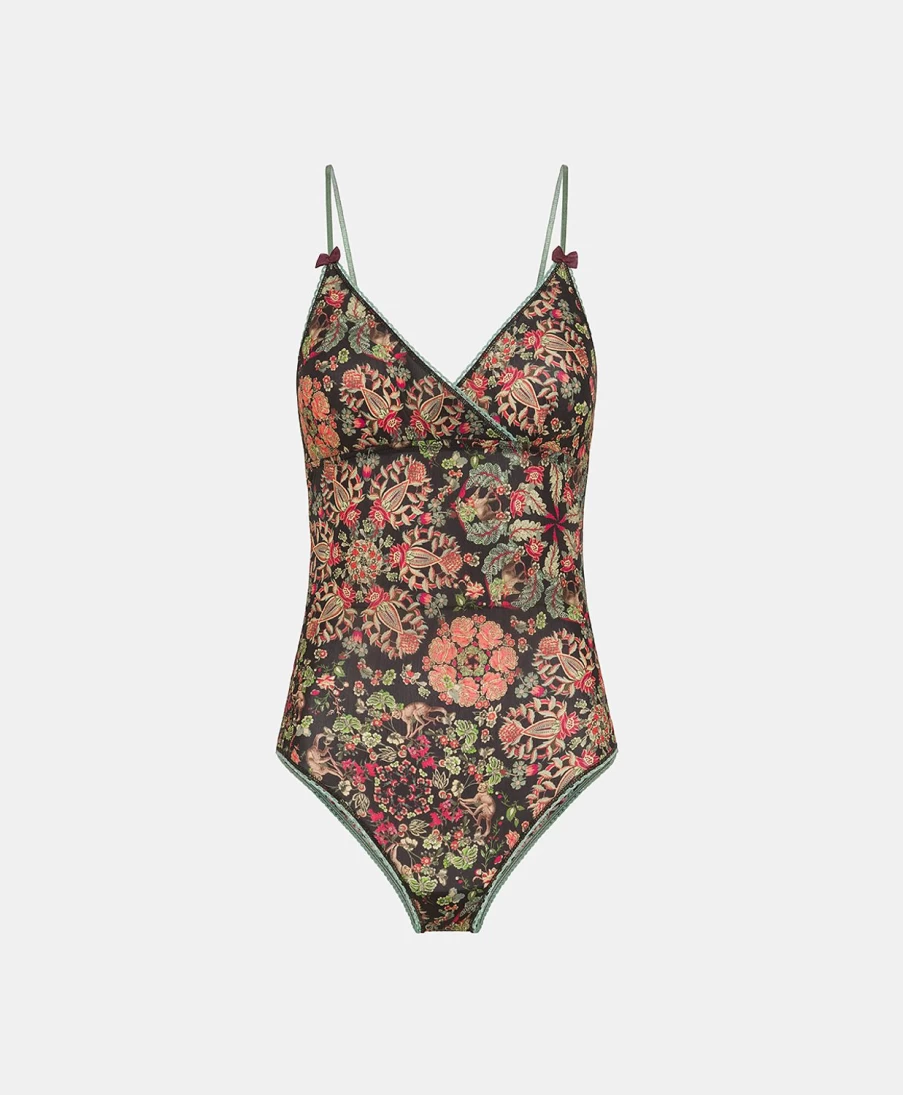 Momoni Women's Tore Body Printed Nylon Bralette - Black & Red Fashion Top