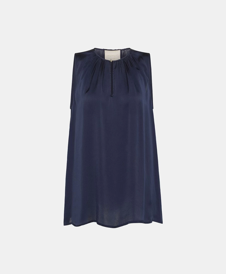 Momoni Women's Dark Blue Plain Silk Cris Top - Elegant Blouse for Women