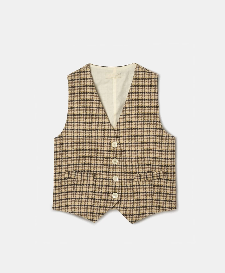 Momoni Women's Check Wool Gabardine Gilet Vest - Beige, Brown & Yellow Tartan Pattern