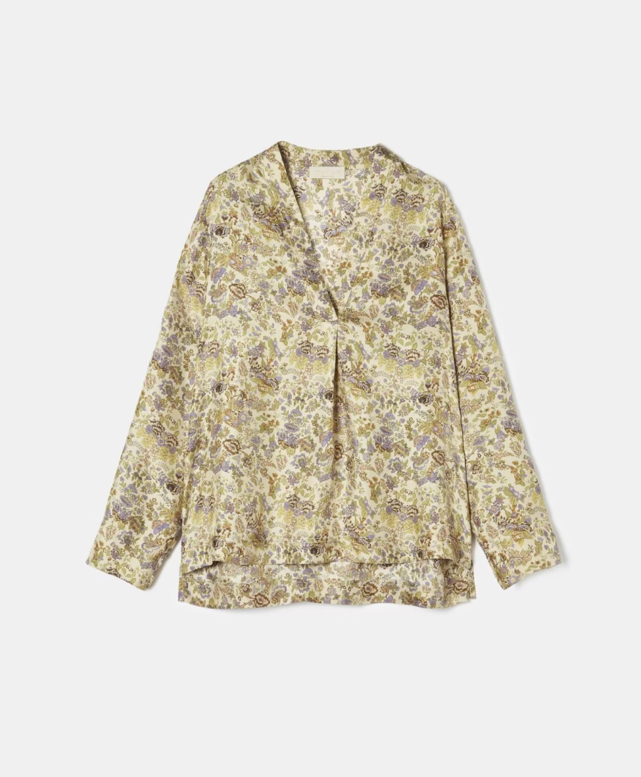 Momoni Women's Ambroise Printed Silk Twill Blouse - Cream & Lilac Floral Elegant Top