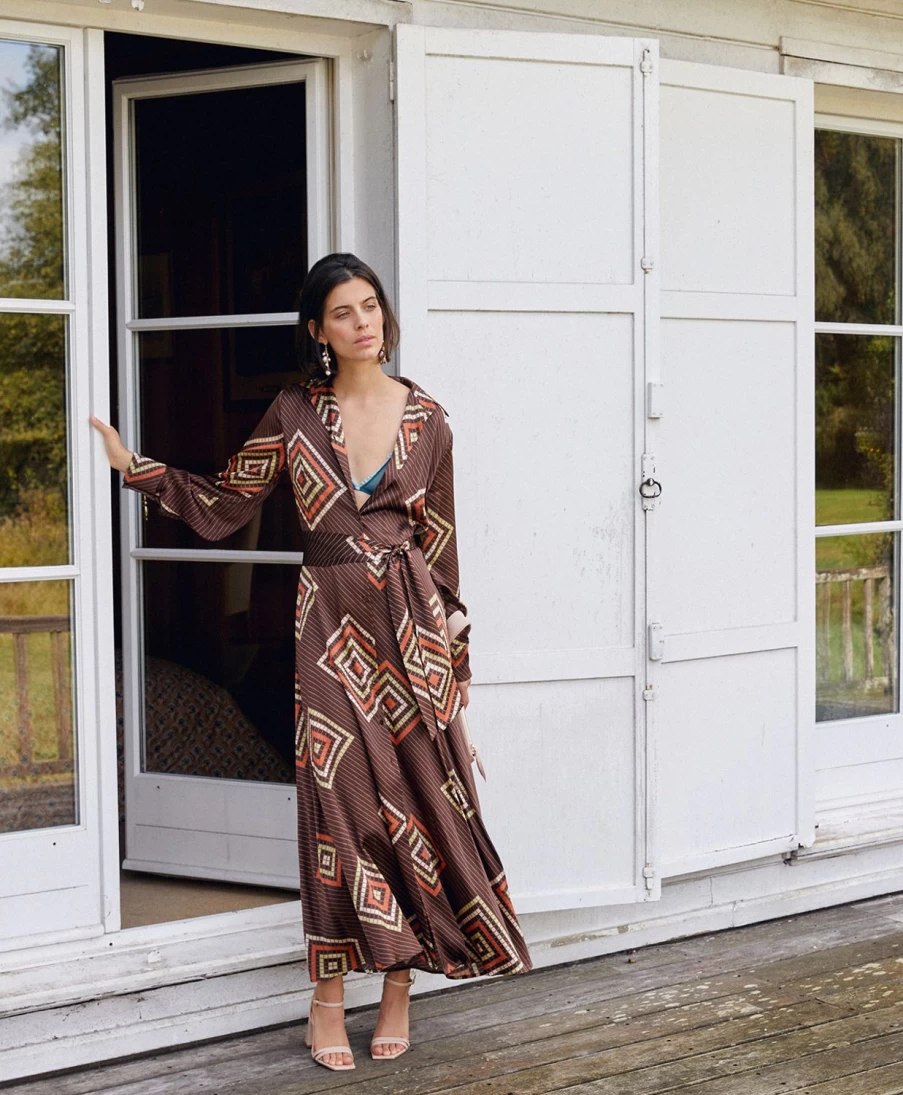 Momoni Women's Printed Stretch Silk Satin Dress - Brown & Orange Elegant Cocomilio Design