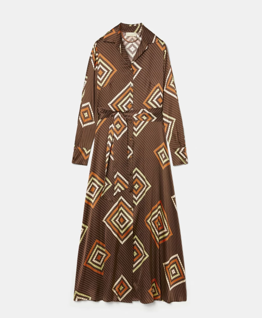 Momoni Women's Printed Stretch Silk Satin Dress - Brown & Orange Elegant Cocomilio Design