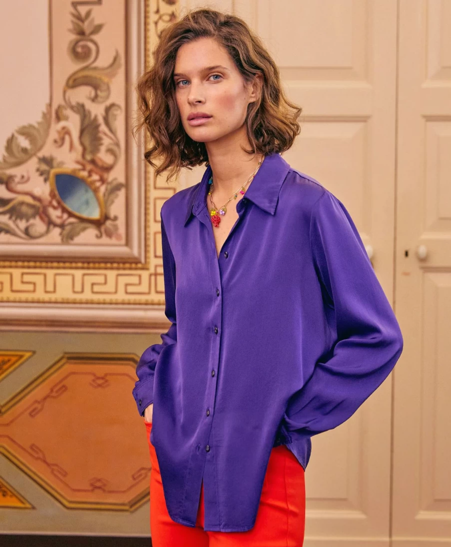 Momoni Women's Violet Satin Crepe Arles Bis Shirt - Solid Color Elegant Blouse