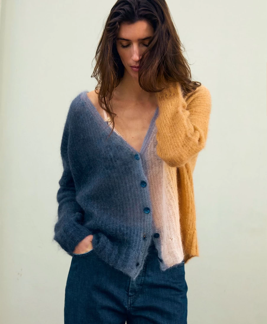 Momoni Women's Tie-Dye Blue & Camel Cardigan with Belt - Stylish Clement Knit Sweater