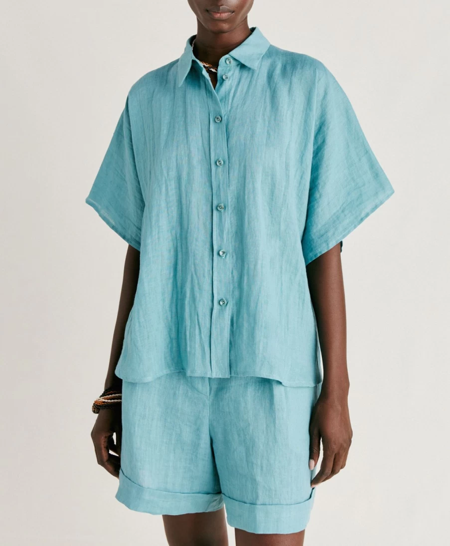 Momoni Women's Cerulean Linen Shirt - Elafonissi Style