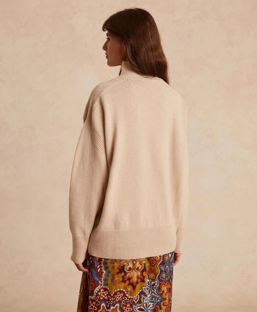Momoni Women's Beige Plain Wool Cashmere Knitwear - Cosme Style Soft Comfortable Sweater