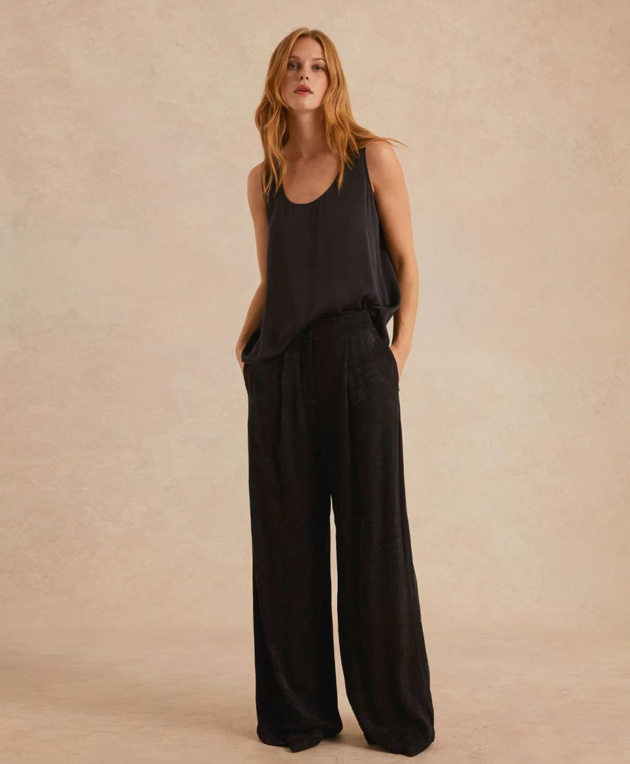 Momoni Women's Black Jacquard Cupro Pascal Pant - Elegant High-Waisted Trousers