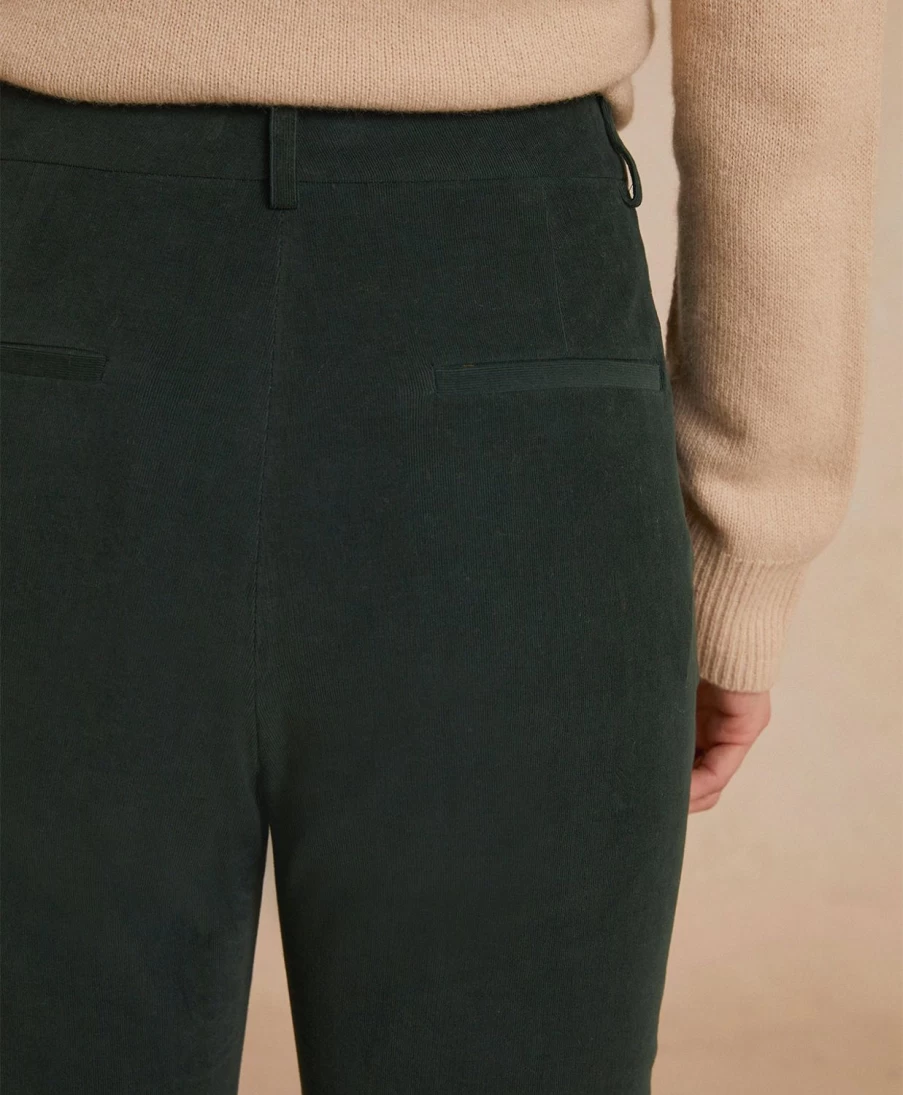 Momoni Women's Lyon Stretch Corduroy Pants - Dark Green, High Waist Comfort Fit