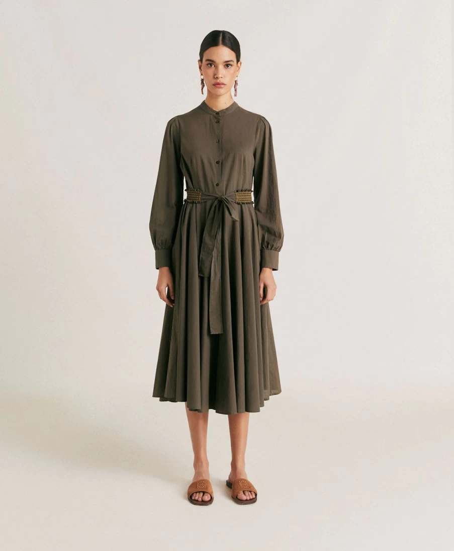 Momoni Women's Army Green Cotton Voile Sinzias Dress - Elegant & Comfortable