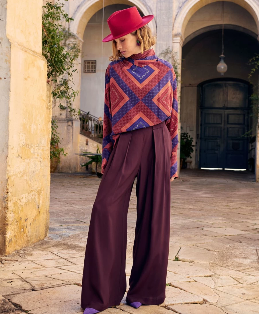 Momoni Women's Aspen Pant - Solid Wine Red Acetate Silk Trousers