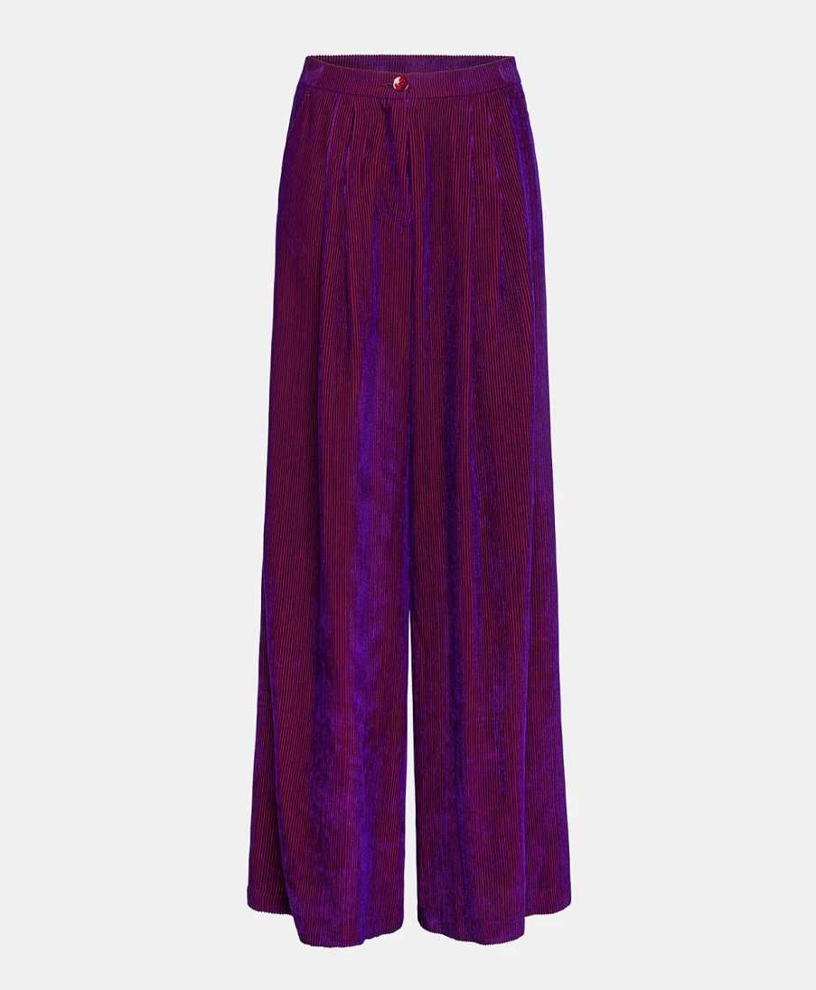 Momoni Women's Bi-Colour Ribbed Viscose Velvet Patrice Pant in Violet