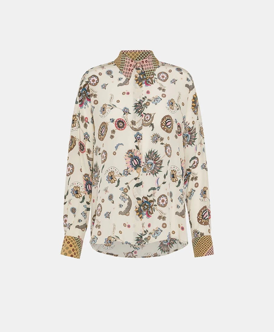 Momoni Women's Marcel Shirt - Cream & Multicolor Pink Bi-Printed Crepe de Chine Blouse