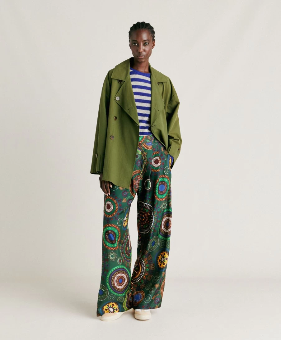 Momoni Women's Lanzarote Silk Pant in Dark Green Multicolour - Haboutai Design
