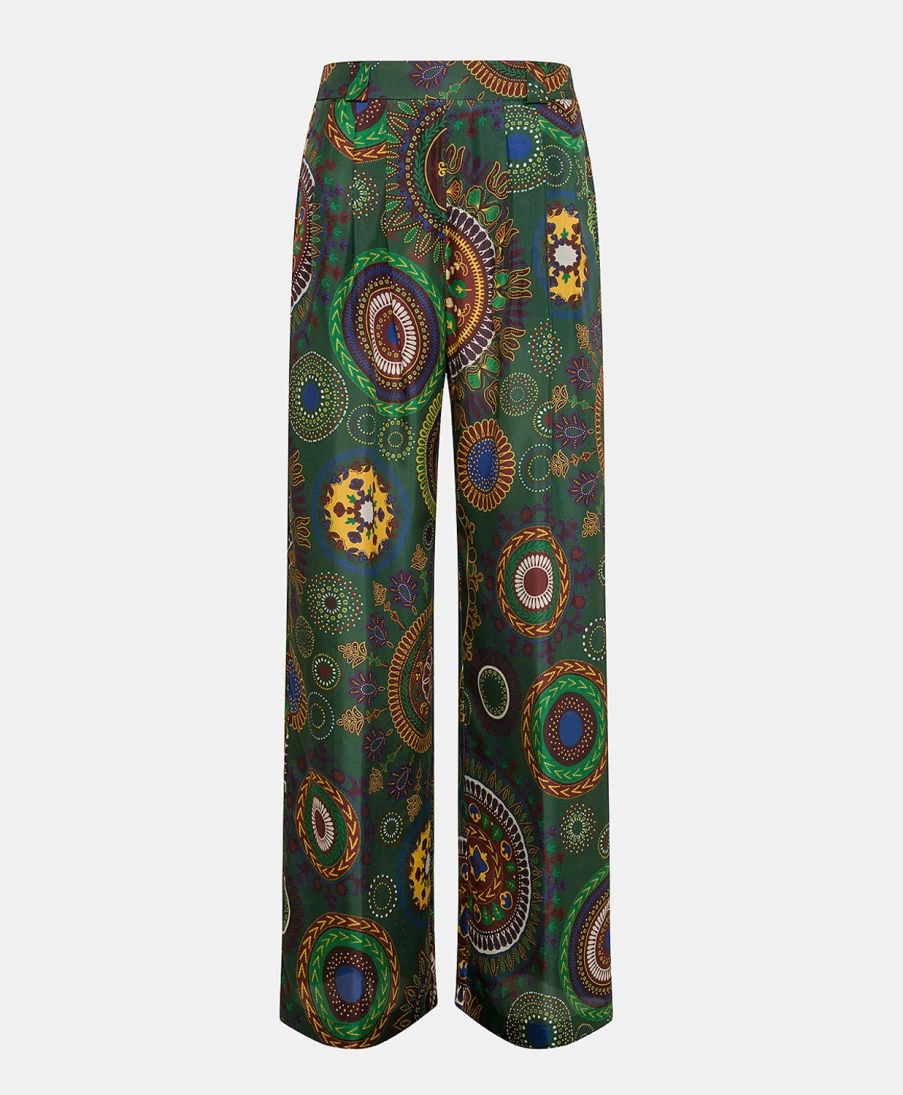 Momoni Women's Lanzarote Silk Pant in Dark Green Multicolour - Haboutai Design