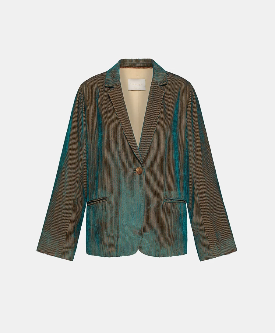 Momoni Women's Teal Bi-Colour Ribbed Viscose Velvet Emma Jacket