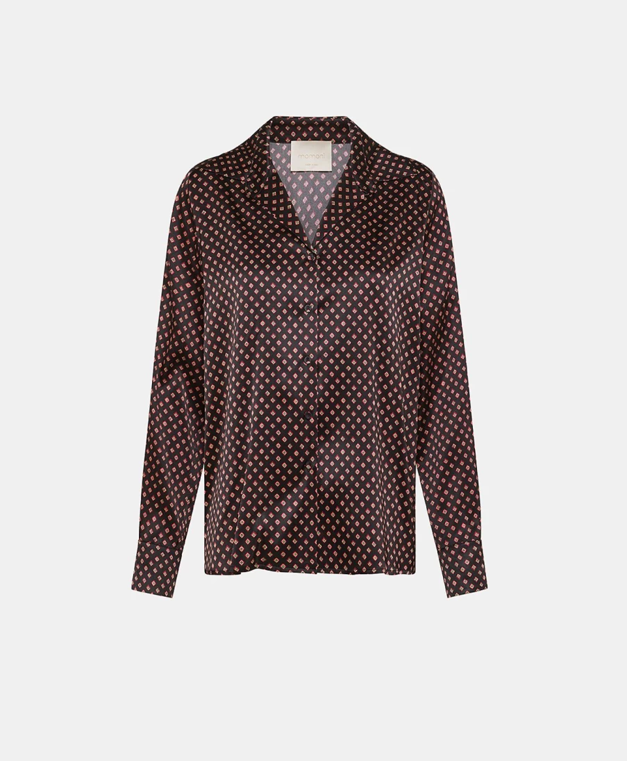 Momoni Women's Simon Printed Stretch Satin Shirt - Black & Red Fashion Top