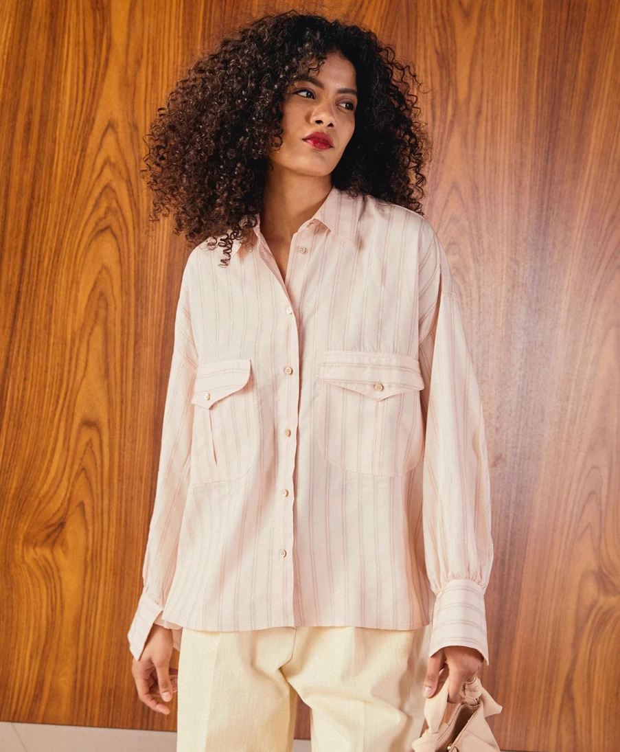 Momoni Women's Dusty Pink Lurex Striped Pioppo Shirt - Elegant Striped Blouse