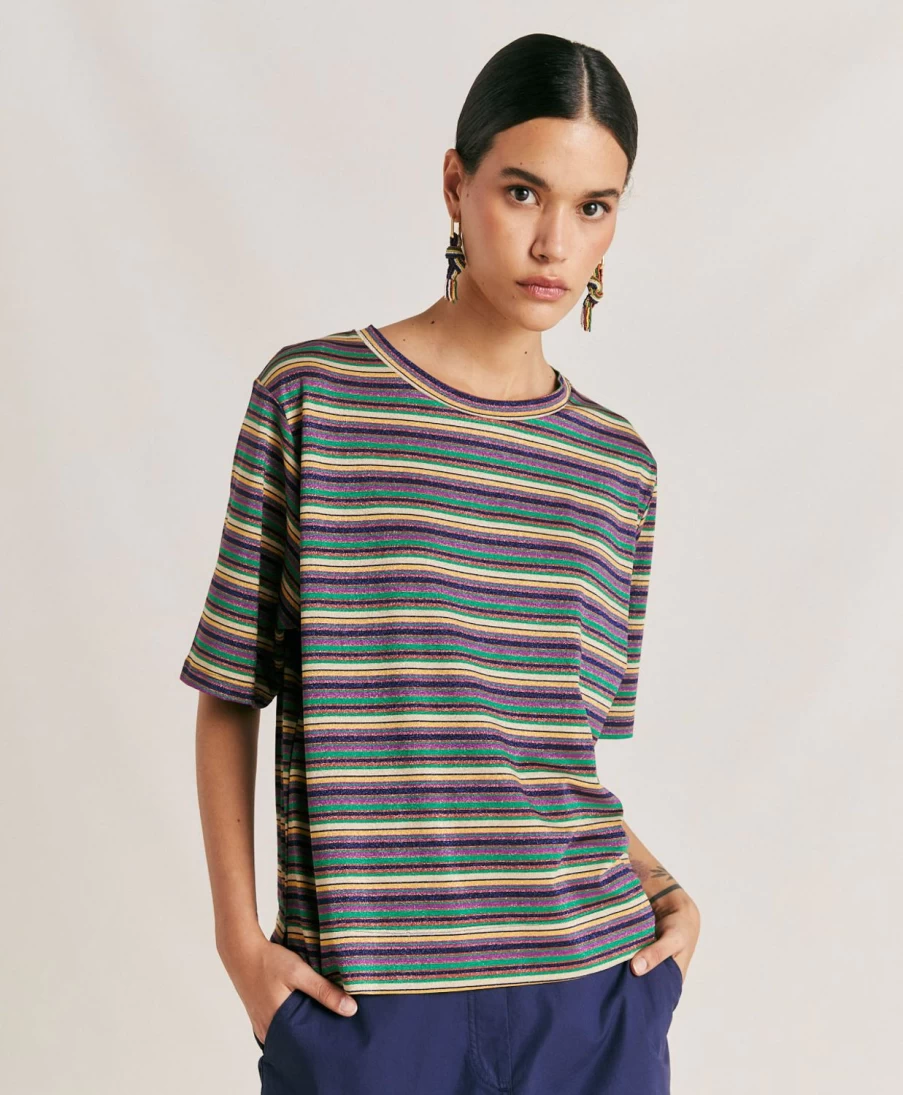 Momoni Women's Striped Lurex Jersey T-Shirt - Multicolor Green Fashion Top