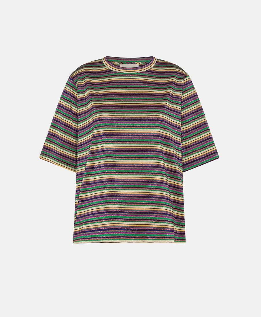 Momoni Women's Striped Lurex Jersey T-Shirt - Multicolor Green Fashion Top