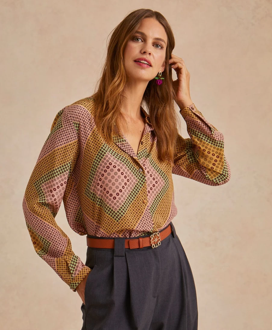 Momoni Women's Pink/Beige Printed Crepe De Chine Meudon Shirt