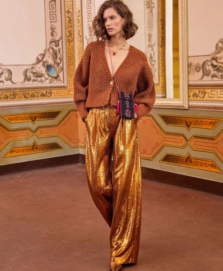 Momoni Women's Bronze Sequin Yoann Pant - Elegant Shiny Party Trousers