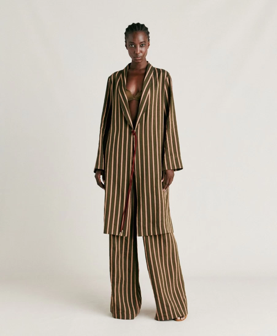 Momoni Women's Striped Linen Viscose Clio Coat - Army Green Multicolor