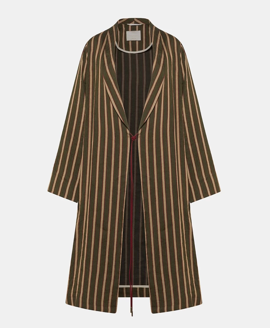Momoni Women's Striped Linen Viscose Clio Coat - Army Green Multicolor