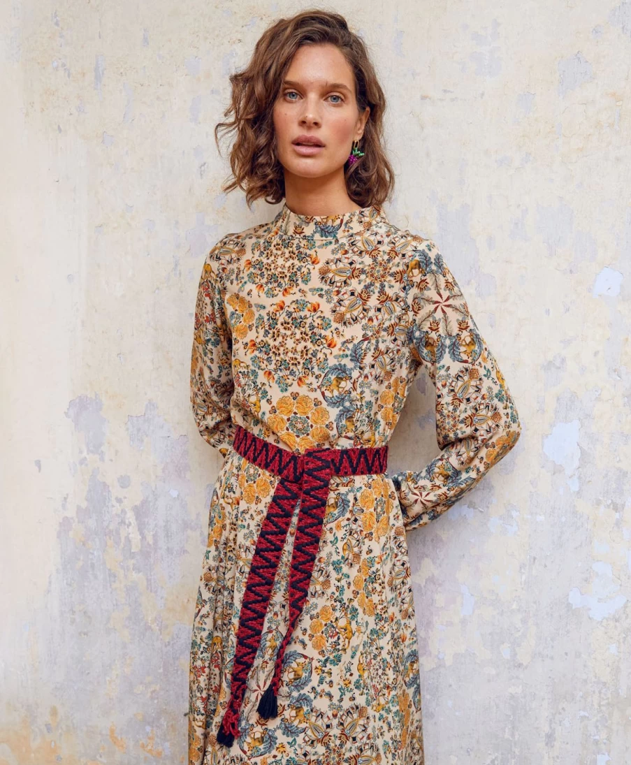 Momoni Women's Romeo Dress - Multicolor Beige Printed Crepe de Chine Elegant Flowy Style