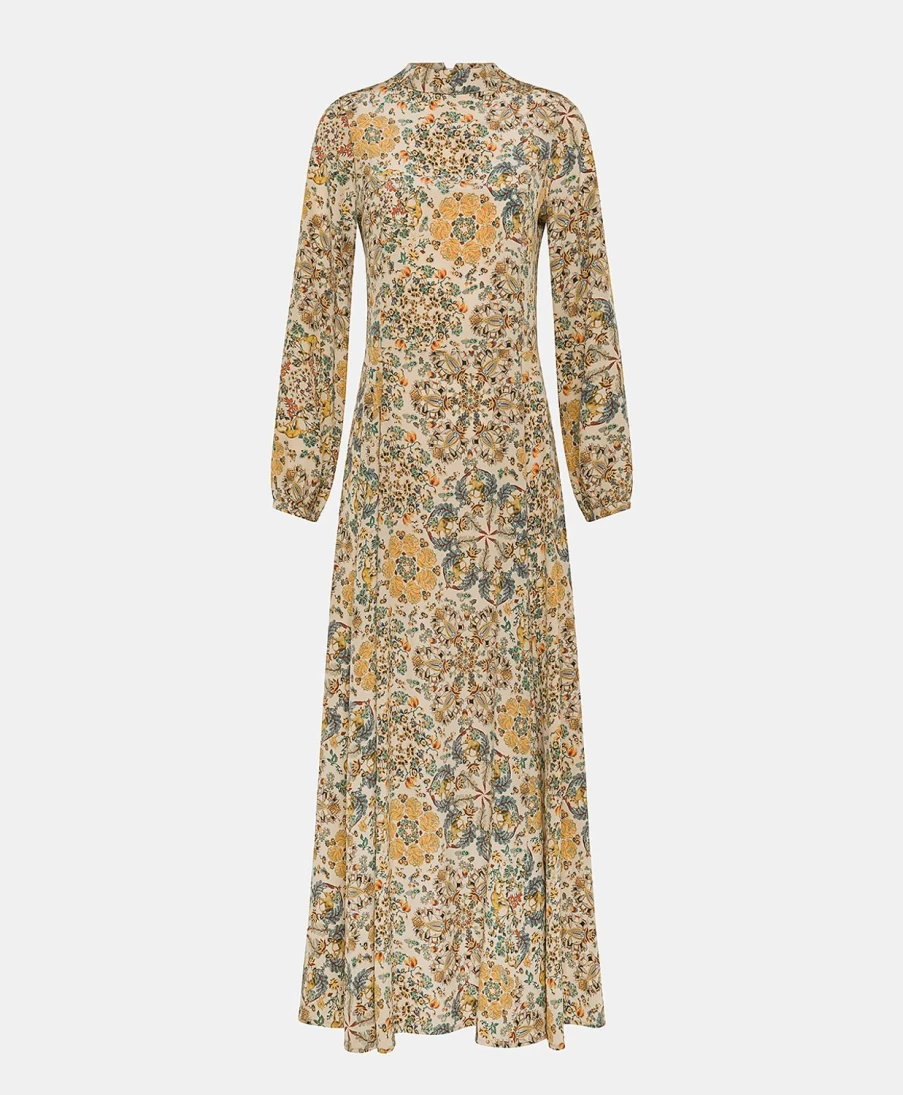 Momoni Women's Romeo Dress - Multicolor Beige Printed Crepe de Chine Elegant Flowy Style