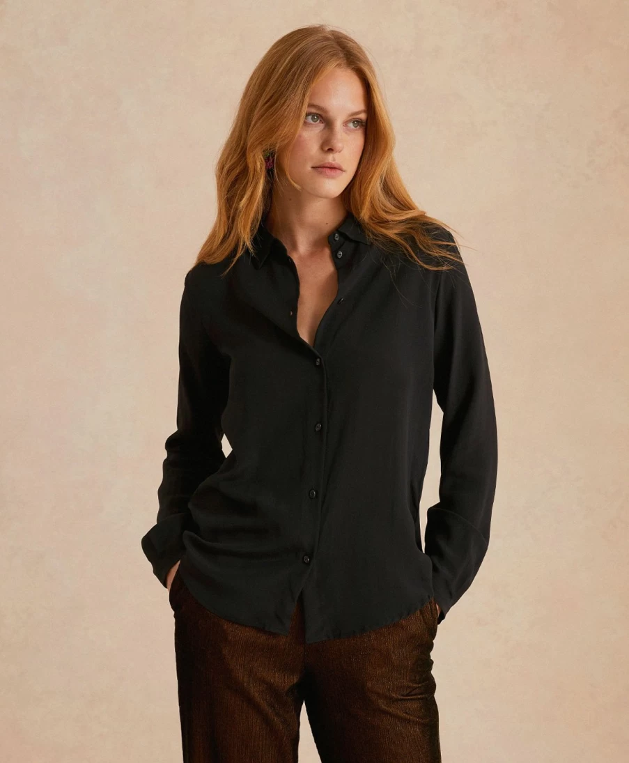 Momoni Women's Meudon Silk Crepe Blend Shirt - Black Elegant Blouse