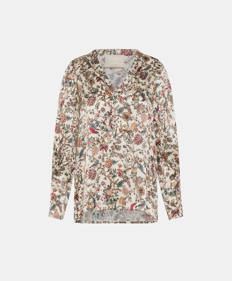 Momoni Women's Morgan Printed Stretch Satin Blouse - Multicolor Cream Elegant Top