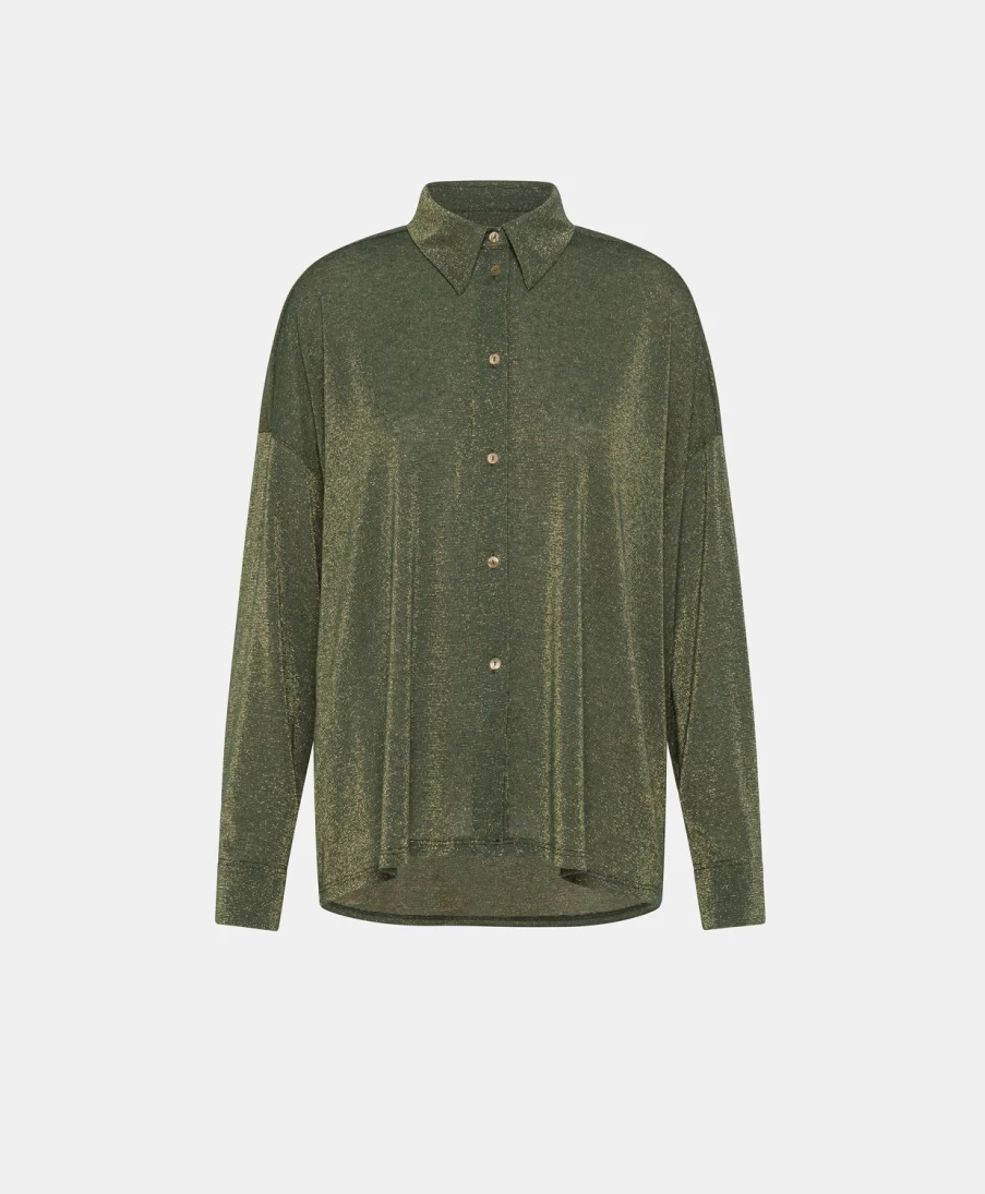 Momoni Women's Forest Green Lurex Jersey Lucciola Shirt - Elegant & Shimmery Top
