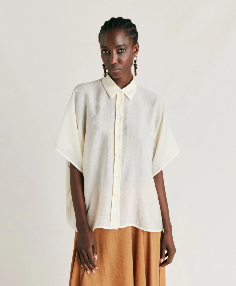 Momoni Women's Brooklyn Jacquard Cupro Shirt in Cream - Elegant Feminine Top