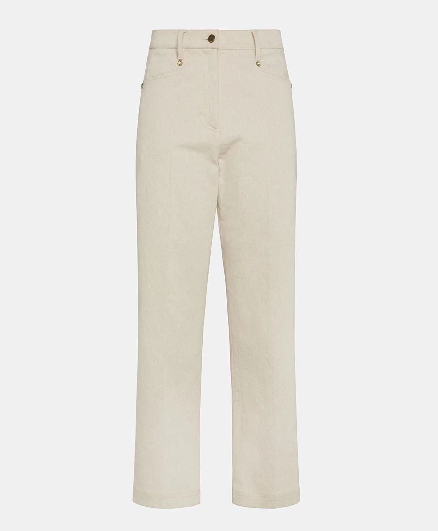 Momoni Women's Beige Cotton Wool Denim Jacques Pant - High Waisted Casual Trousers